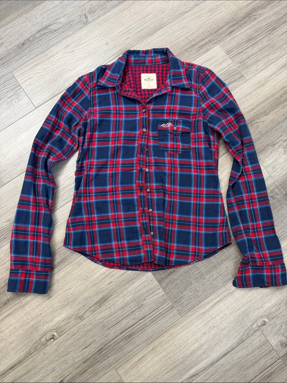 Hollister Navy and Red Plaid Button-Down Shirt